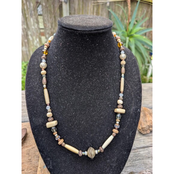 Vintage Glass, Wood & Bone Tribal Necklace, Unisex Beaded Necklace - Picture 3 of 10